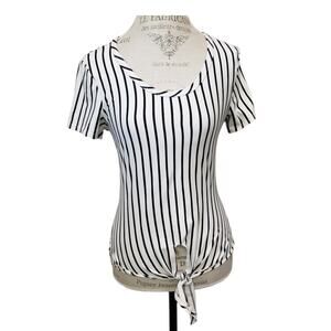 Rue 21 Black & White Striped Low Crew Neck Tummy Tie Short Sleeve Shirt Blouse